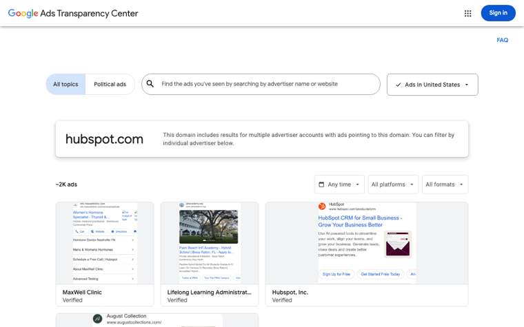 Google Ads Transparency Center results for a domain