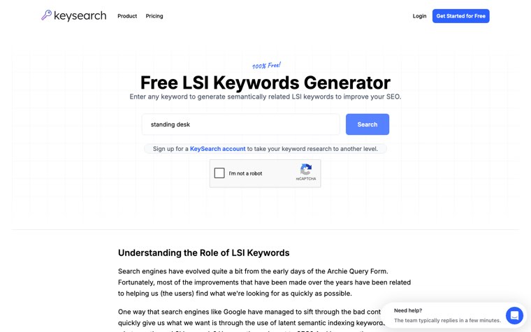 KeySearch free LSI keywords generator reCAPTCHA shown before results
