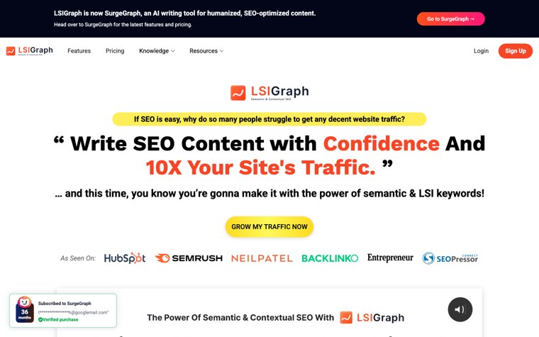 LSIGraph homepage, now a SurgeGraph sales page