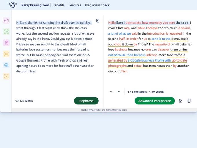 QuillBot engine rewriting the email and marketing test paragraphs with the typo nite