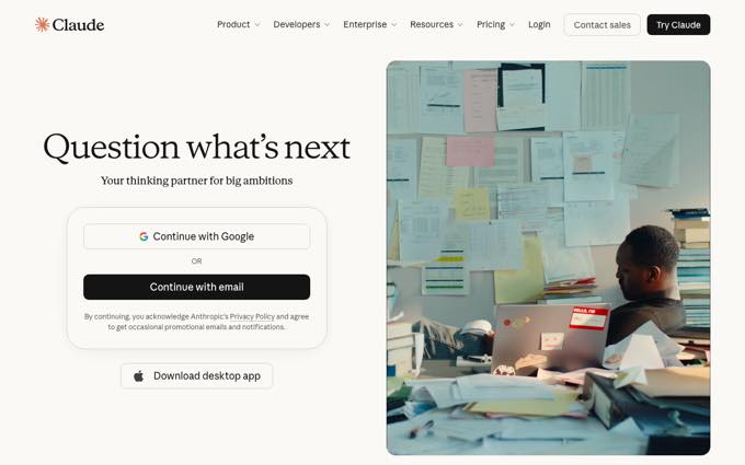 Claude homepage with sign-in options