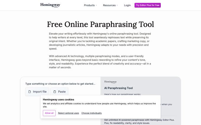 Hemingway free online paraphrasing tool page