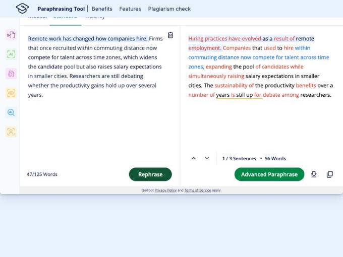 Scribbr paraphrasing tool powered by QuillBot rewriting the academic test paragraph