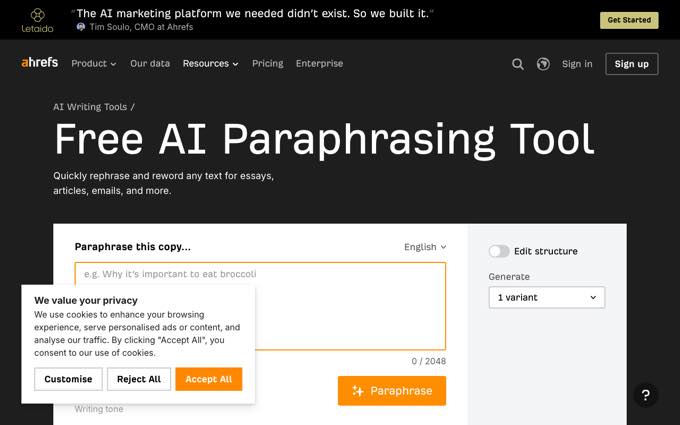 Ahrefs free AI paraphrasing tool page