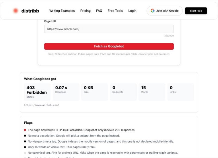 Distribb Googlebot simulator showing a 403 Forbidden response from airbnb.com