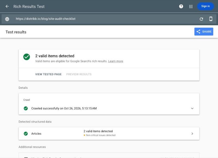 Rich Results Test showing a successful crawl of a Distribb blog page with two valid items