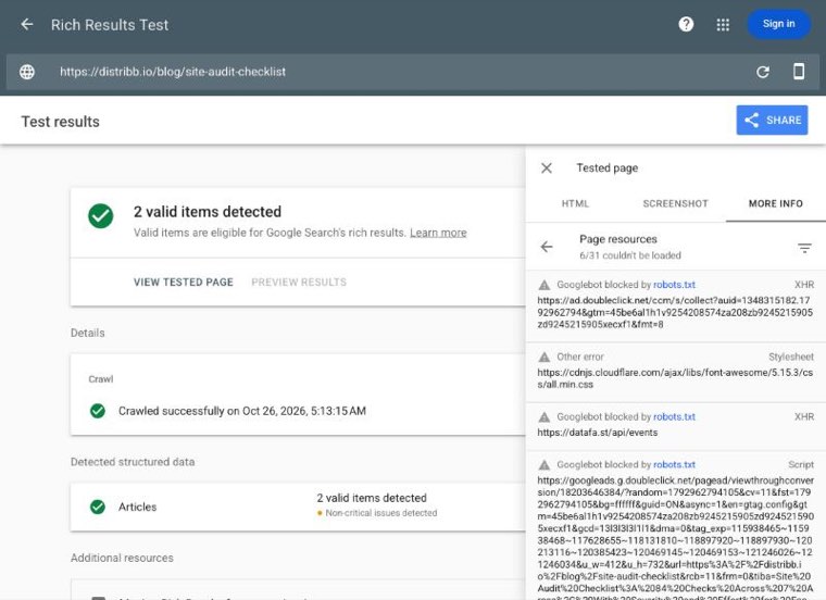 Rich Results Test page resources list showing third party scripts blocked by robots.txt