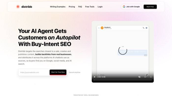 Distribb homepage describing an AI agent that gets customers on autopilot with buy-intent SEO