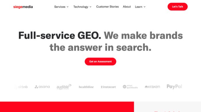 Siege Media homepage headline full-service GEO, we make brands the answer in search