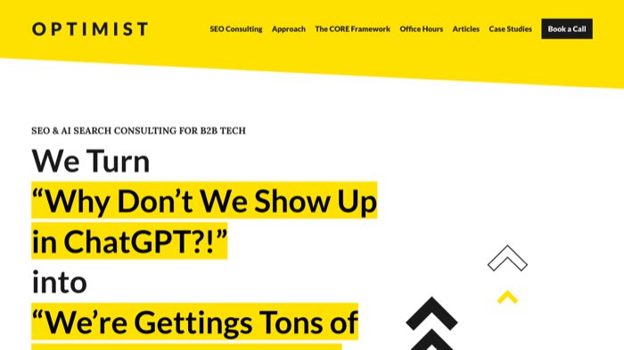 Optimist homepage offering SEO and AI search consulting for B2B tech