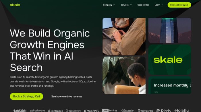 Skale homepage headline about building organic growth engines that win in AI search