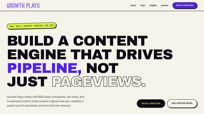 Growth Plays homepage headline about building a content engine that drives pipeline