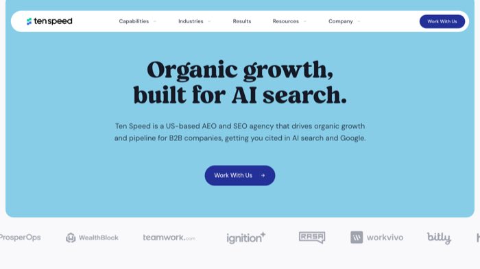 Ten Speed homepage headline organic growth built for AI search