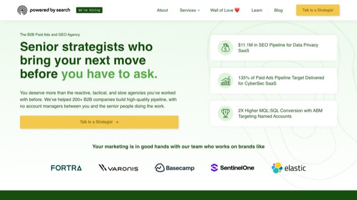Powered by Search homepage describing senior strategists for B2B paid ads and GEO