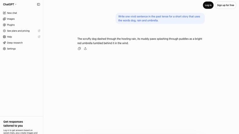 ChatGPT answering our dog, rain and umbrella sentence prompt without an account