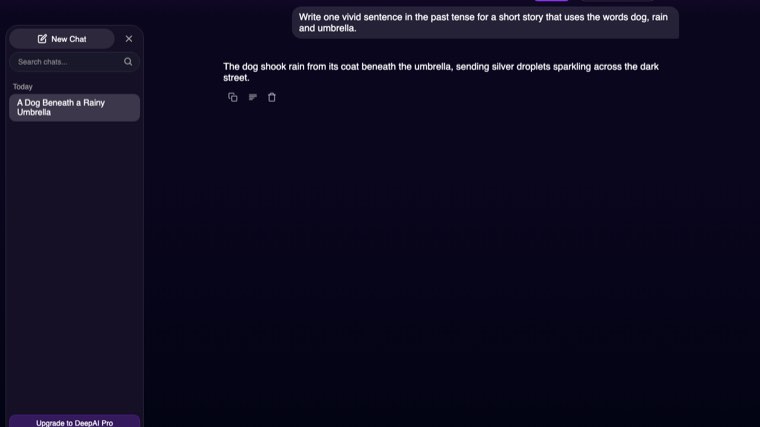 DeepAI text generator returning a single sentence for our dog, rain and umbrella prompt