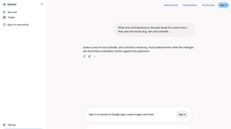 Google Gemini writing a creative sentence with a dog, rain and an umbrella without sign-in