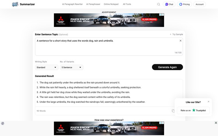 Summarizer.org AI sentence generator showing five generated sentences about a dog, rain and umbrella