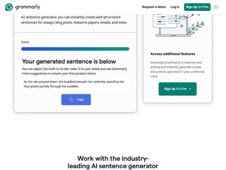 Grammarly free AI sentence generator showing the generated sentence for our first prompt