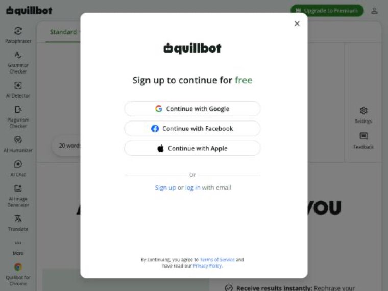 QuillBot sentence rewriter asking us to sign up to continue before the first rewrite
