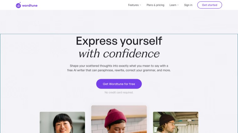 Wordtune homepage offering a free AI writer to paraphrase, rewrite and correct text