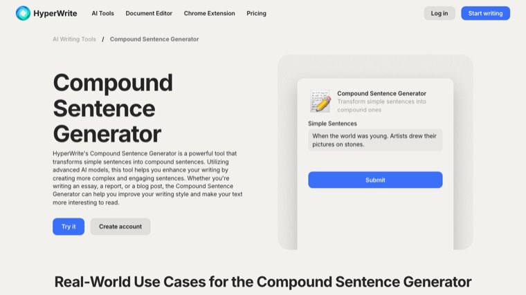 HyperWrite compound sentence generator tool page
