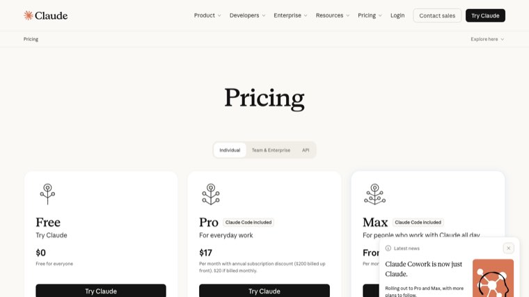 Claude pricing page showing the Free, Pro and Max plans
