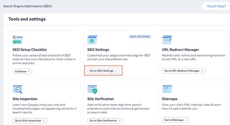 Tools and settings in the Wix dashboard, with tiles for the SEO Setup Checklist, SEO Settings, URL Redirect Manager, Site Inspection, Site Verification and Sitemaps