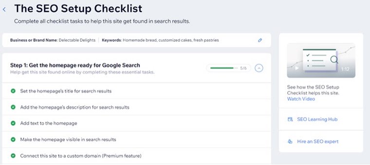 The Wix SEO Setup Checklist showing step one, getting the homepage ready for Google Search