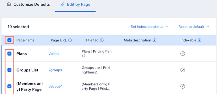 The Edit by Page view in Wix SEO Settings listing pages with their URLs, title tags and indexing status