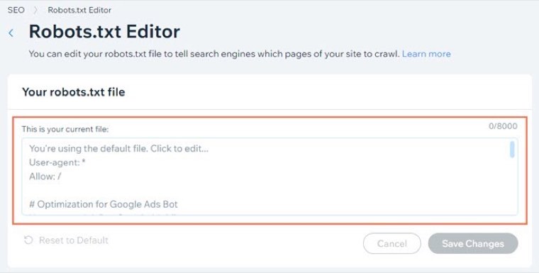 The Wix Robots.txt Editor with a text area for editing the site's robots.txt file