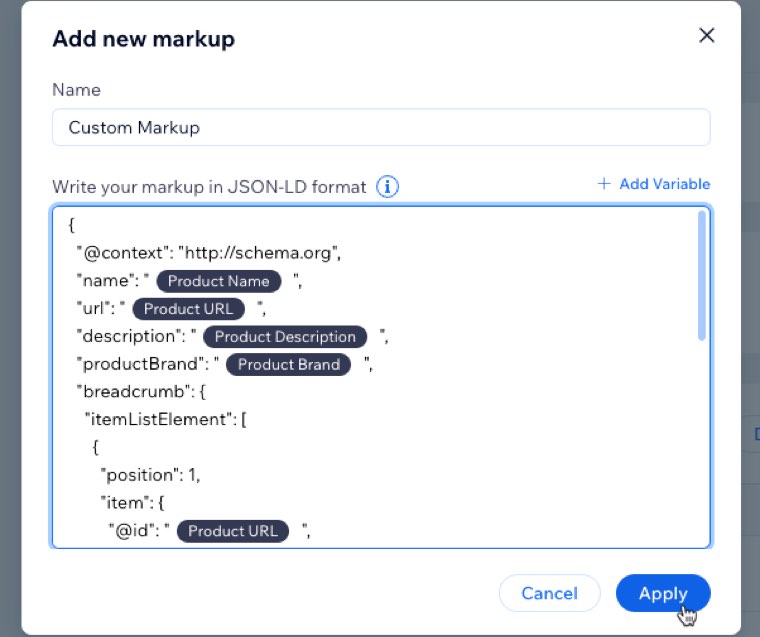 The Add new markup window in Wix with JSON-LD for a product page and variables for the product name and URL