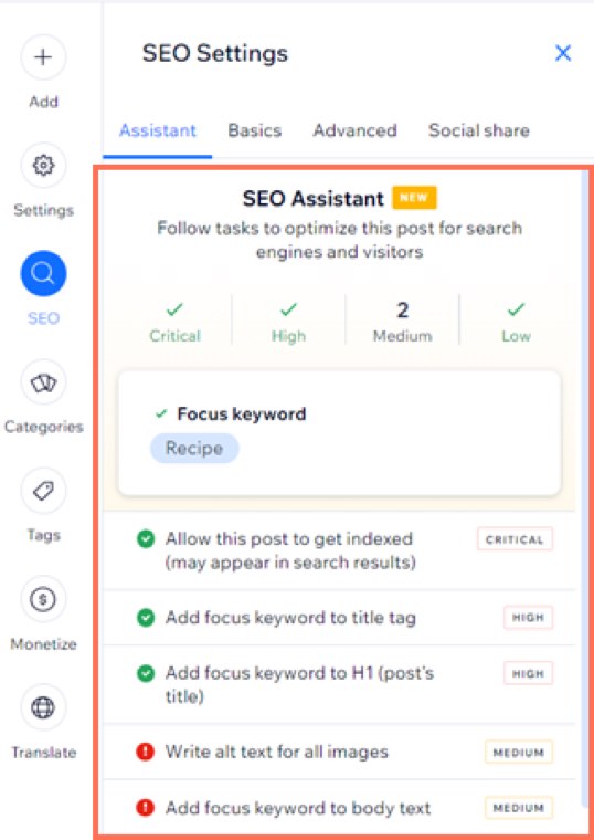 The Wix SEO Assistant panel in a blog post showing a focus keyword and a task list labeled by priority