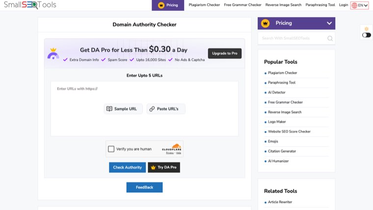 SmallSEOTools domain authority checker