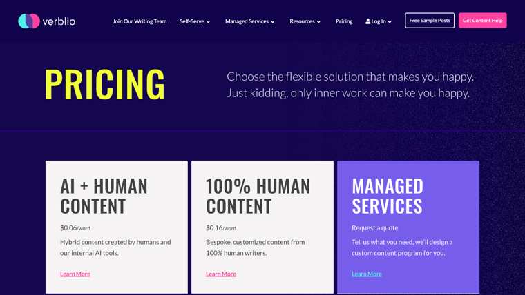 Verblio pricing page