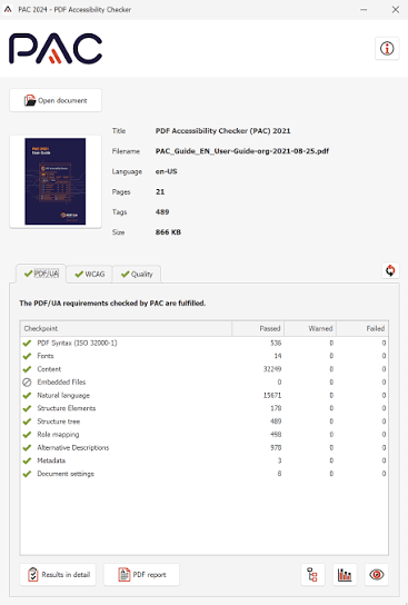 PAC 2024 PDF Accessibility Checker window with the PDF/UA tab selected, listing checkpoints such as fonts, structure tree and alternative descriptions, all marked passed with no warnings or failures.