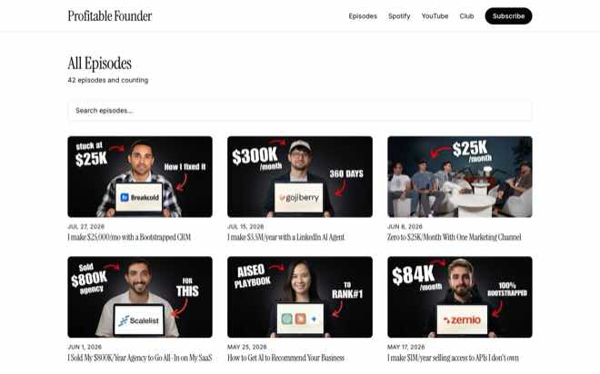 Profitable Founder Podcast episodes page
