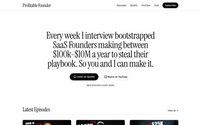 Profitable Founder Podcast homepage
