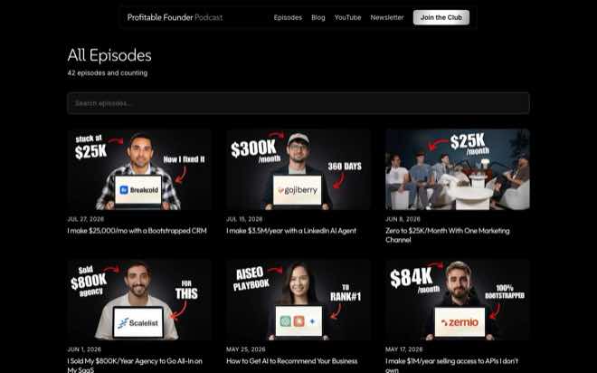 Profitable Founder Podcast episodes page