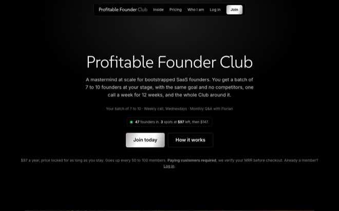 Profitable Founder Club homepage