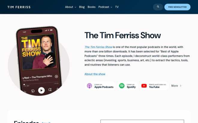 The Tim Ferriss Show podcast page on tim.blog