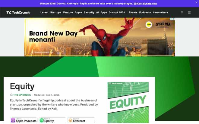 Equity podcast page on TechCrunch