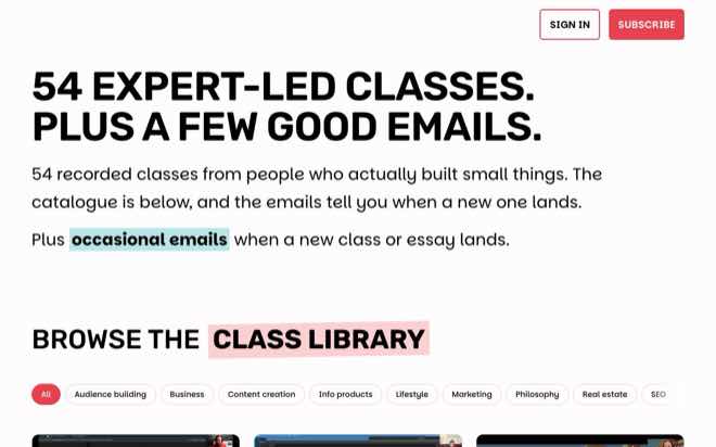 Small Bets homepage showing 54 expert-led classes