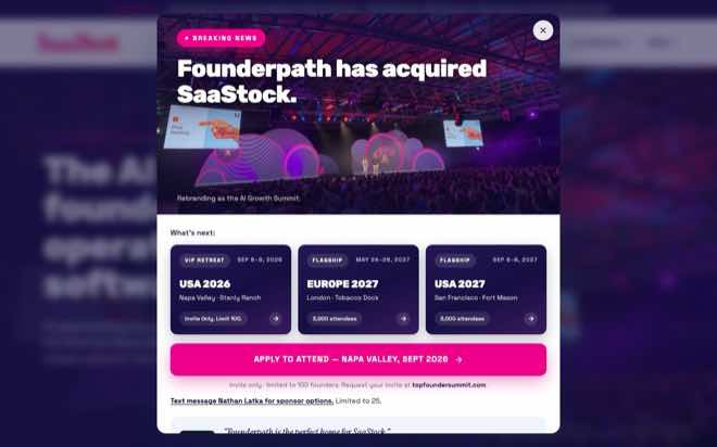 SaaStock homepage announcing the Founderpath acquisition
