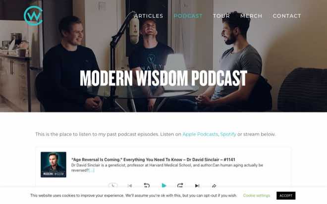 Modern Wisdom podcast page on chriswillx.com