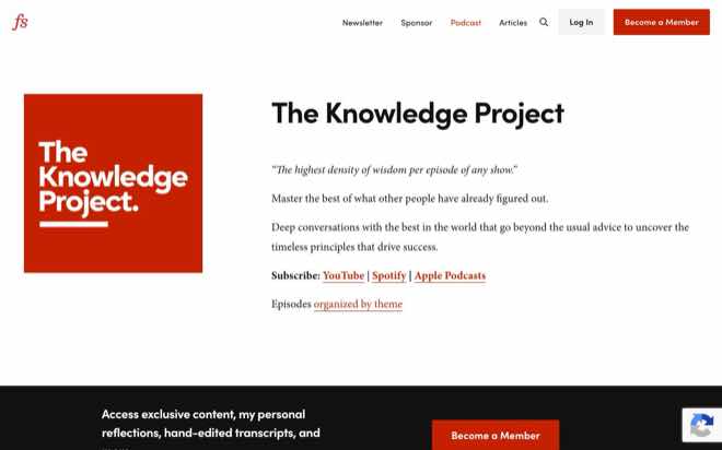 The Knowledge Project podcast page on Farnam Street