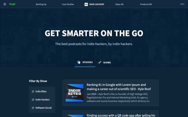 Indie Hackers podcasts page