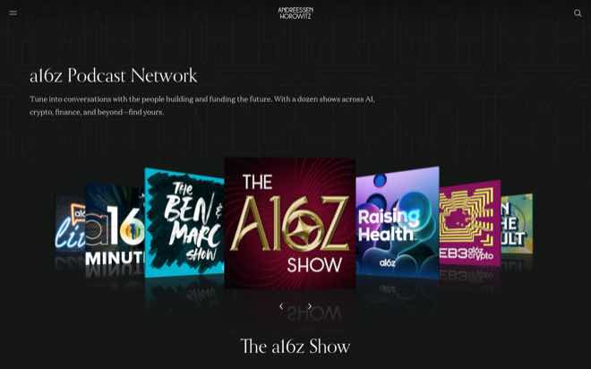 a16z Podcast Network page showing The a16z Show