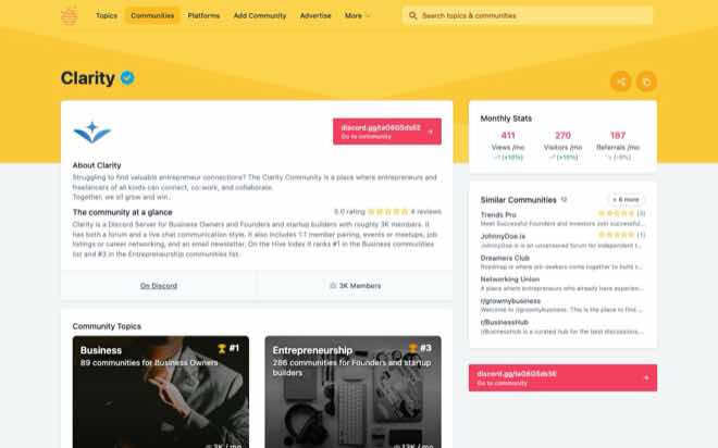 Clarity community page showing 3K members and a 5.0 rating