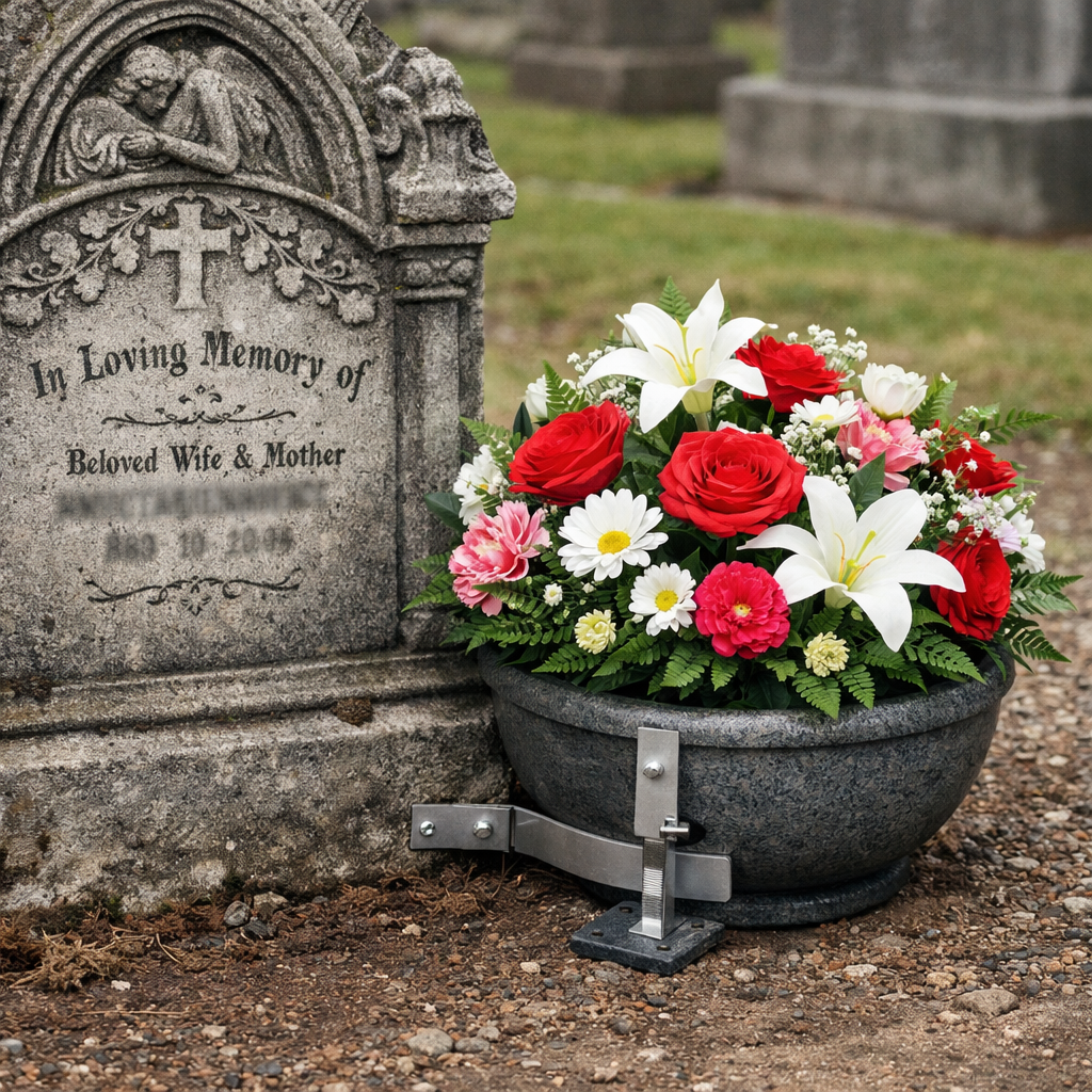 A realistic illustration of a weighted artificial flower bowl secured beside a Victorian headstone, Alt: securing artificial flowers on a grave